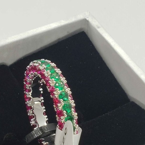 18k White Gold Plated ring 3 row eternity with pink and green cubic zirconia sto - Picture 2 of 3
